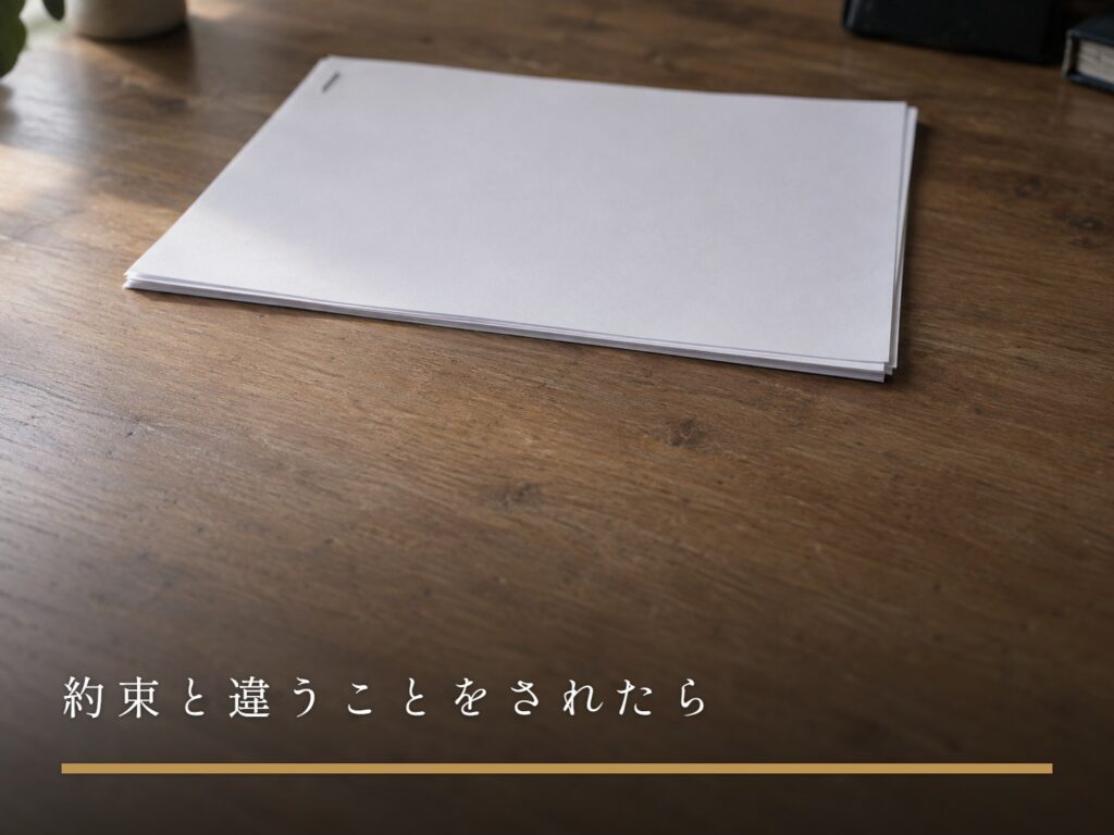 木の机に置かれた、角をホッチキスで留めた数枚の白い紙（約束と違うことをされたら）