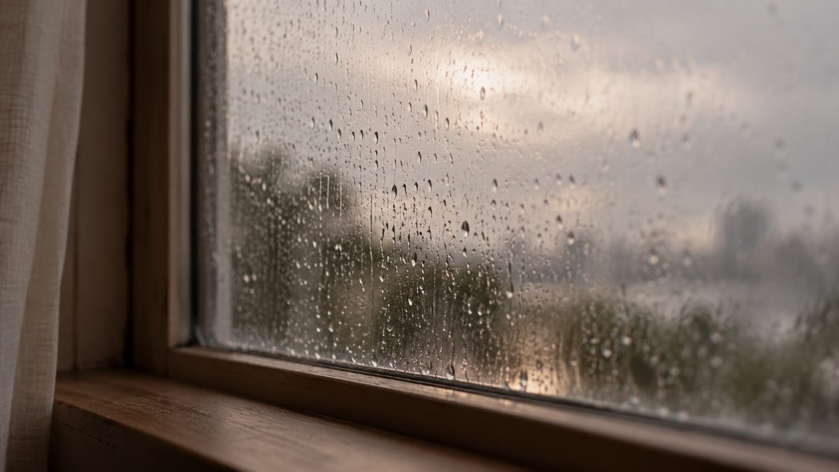閉じたガラス窓の外側に残る、いくつもの雨粒