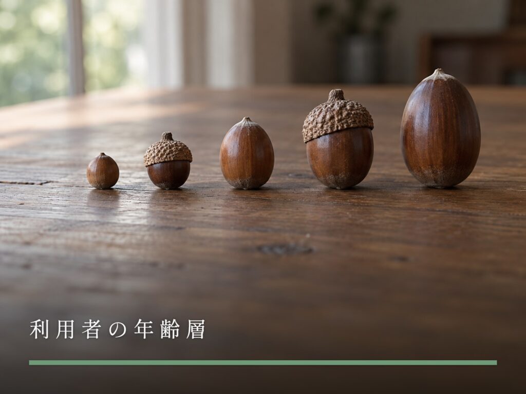 木の机に一列に並べて置かれた、大きさの違ういくつかのどんぐり（利用者の年齢層）