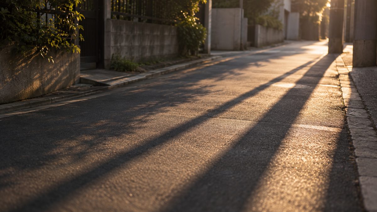 夕方の住宅街の歩道に、長く伸びた電柱の影