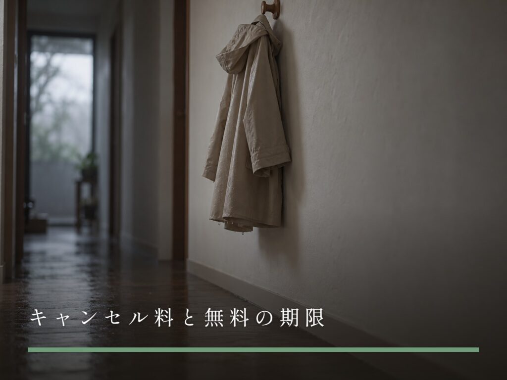 廊下の壁のフックに掛けられた、雨に濡れた淡い色のレインコート（キャンセル料と無料の期限）