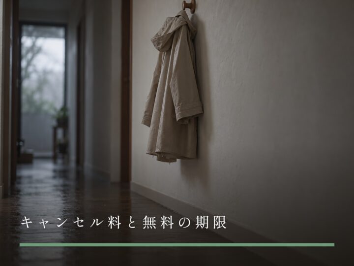 廊下の壁のフックに掛けられた、雨に濡れた淡い色のレインコート(キャンセル料と無料の期限)