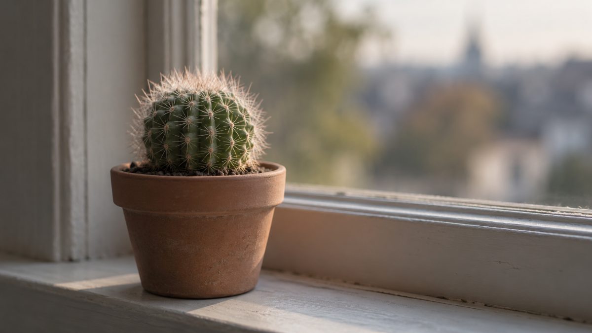 窓辺に置かれた、小さな鉢植えの丸いサボテン
