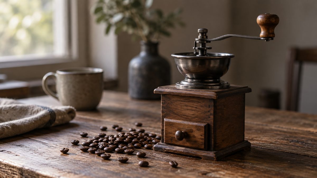 木の机に置かれた手回しのコーヒーミルと、そばにこぼれた少しのコーヒー豆
