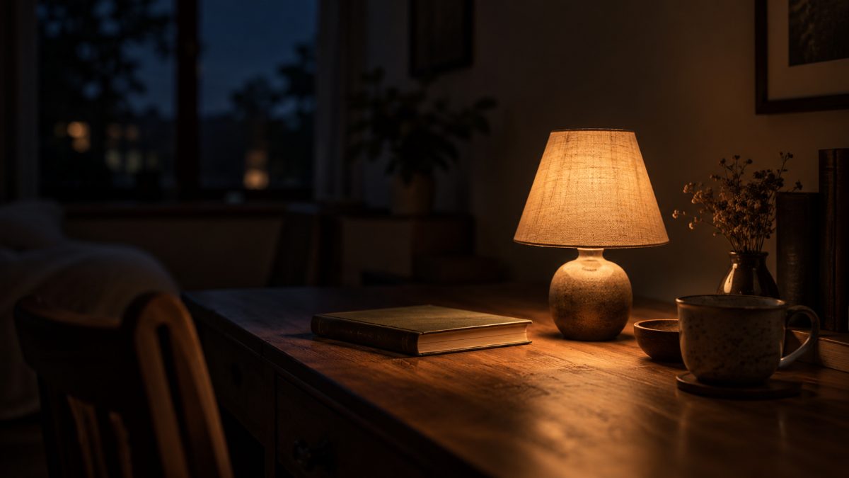 夜の机の上で、弱く灯る小さな卓上ライト