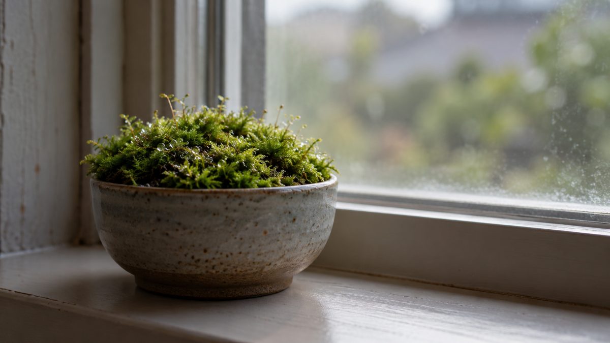 窓辺の小さな陶器の鉢に植えられた、しっとりとした緑の苔