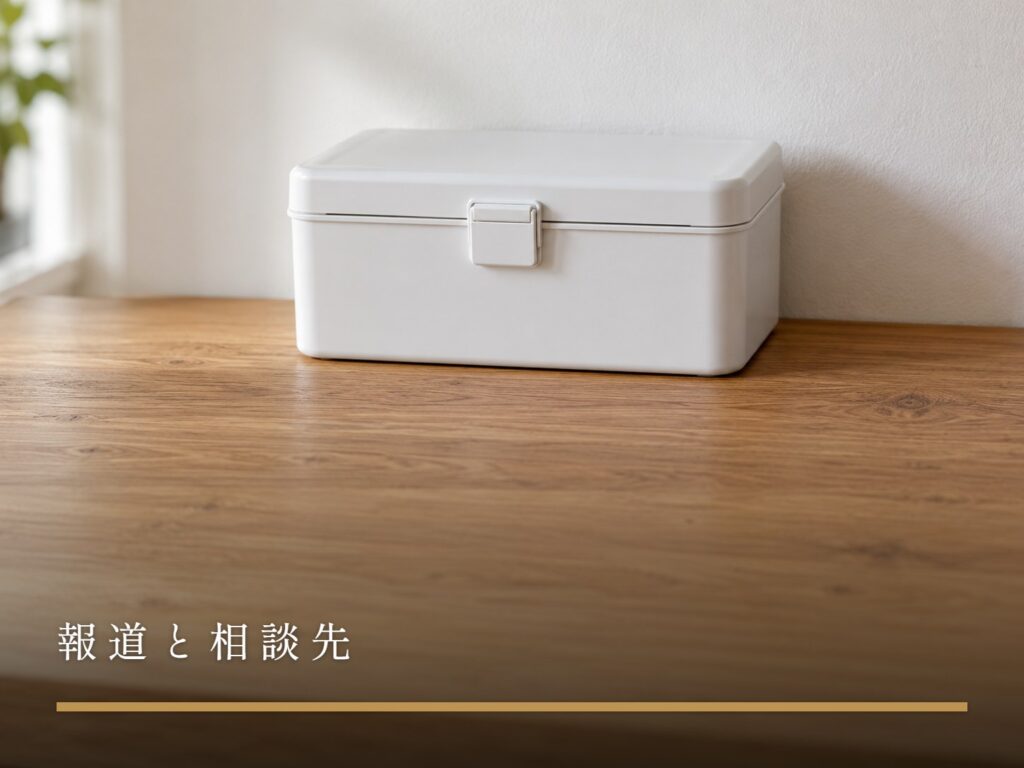 棚の上に置かれた、ふたの閉じた白い救急箱（報道と相談先）
