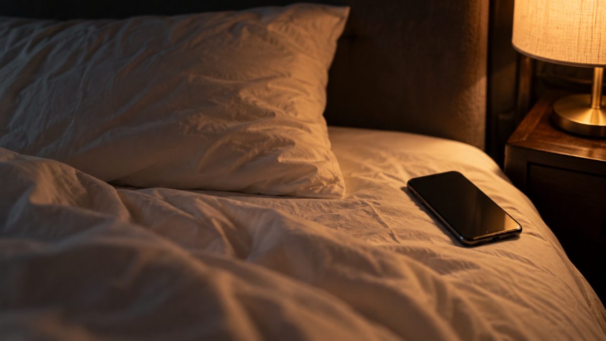 夜のベッドの上にスマートフォンが置かれている