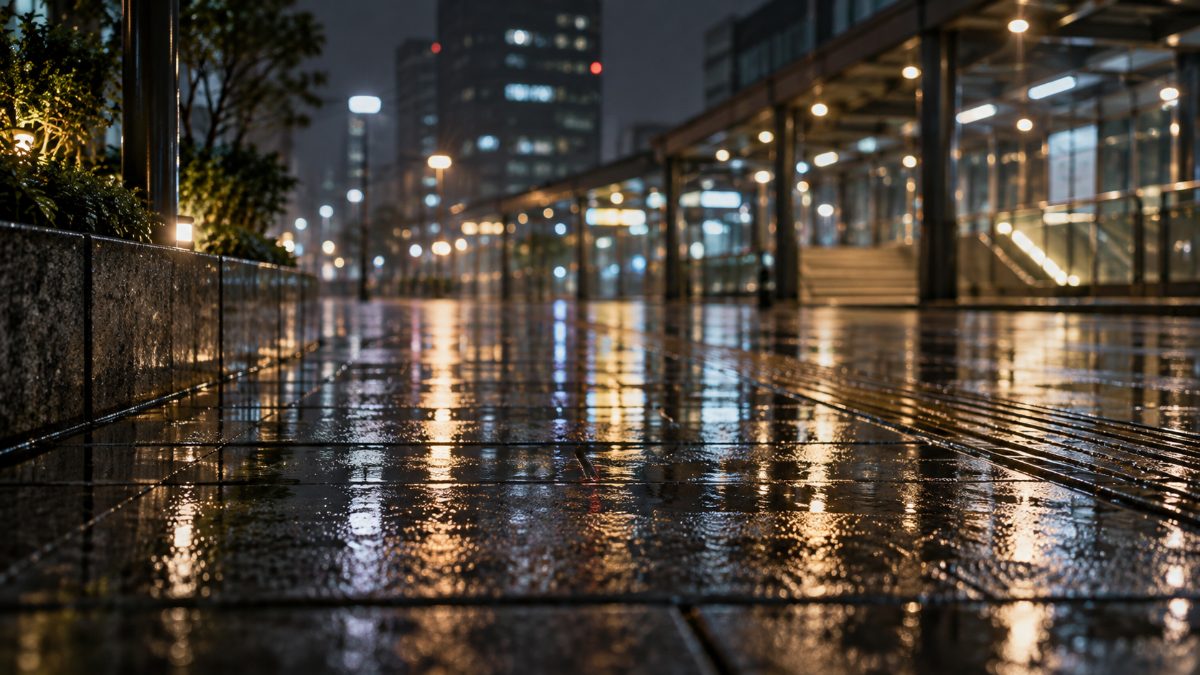 雨に濡れた夜の駅前の歩道に街の明かりが映っている